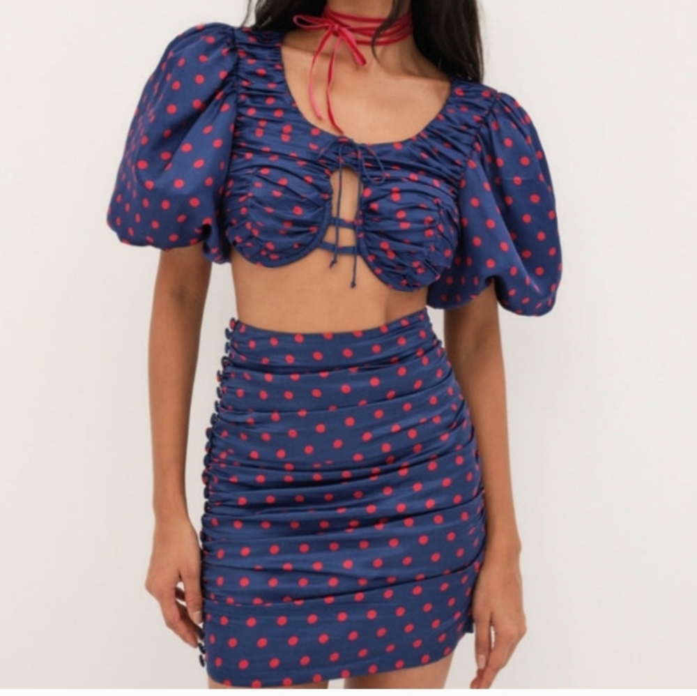 For Love and Lemons Dolores Navy Blue and Red Polka Dot Ruched Skirt Set